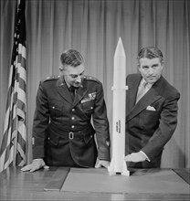 Maj. Gen. J.B. Medaris & Dr. Wernher von Braun with Replica of Redstone Guided Missile, photograph by Thomas J. O'Halloran, January 20, 1956
