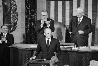 U.S. President Gerald Ford Delivering the State of the Union Address, Vice President Nelson Rockefeller and Speaker of the House of Representatives Tip O'Neill Standing in Background, Washington, D.C....