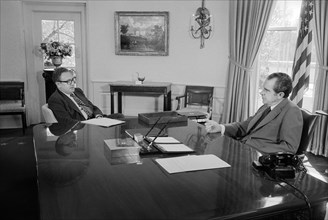 Secretary of State Henry Kissinger meeting with U.S. President Richard Nixon, White House, Washington, D.C., USA, photograph by Marion S. Trikosko, March 22, 1974