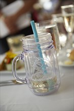Glass Mug with Blue Straw