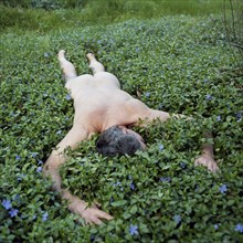 Nude Man Laying Face-Down in Field of Green and Purple Wildflowers