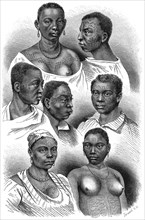 Clothing, Ornamentation and Tattoos, Africa,  Illustration after Hand drawings by Rugendas, from the book, "Volkerkunde" by Dr. Friedrich Ratzel, Bibliographisches Institut, Leipzig, 1885
