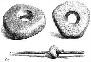 Grave-stick and heavy stones, Illustration from the book, "Volkerkunde" by Dr. Friedrich Ratzel, Bibliographisches Institut, Leipzig, 1885
