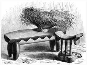 Head Stool and Head Bolster of the Zulu, the latter used when loads are carried, Illustration from the book, "Volkerkunde" by Dr. Friedrich Ratzel, Bibliographisches Institut, Leipzig, 1885