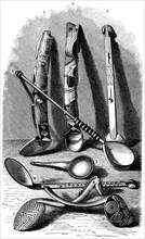 Spoons of the Zulu (1,2,3,6,7,8) and Mambunda (4,5), Illustration from the book, "Volkerkunde" by Dr. Friedrich Ratzel, Bibliographisches Institut, Leipzig, 1885