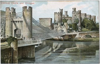 Conwy Castle and Bridge, Conwy, Wales, Peacock "Autochrom" Postcard, Pictorial Stationary Company, Ltd., London, 1910