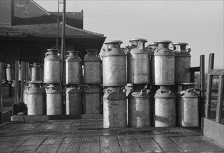 Milk cans at Railroad station. Minot