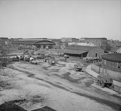 Railroad Depot with Trout House and Masonic Hall in background during Union General William Sherman's Occupation of Atlanta