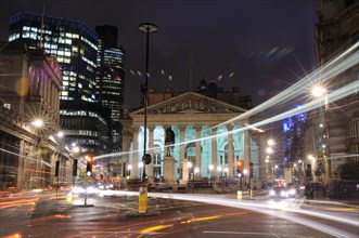Royal Exchange Building at Night with Streaking Lights