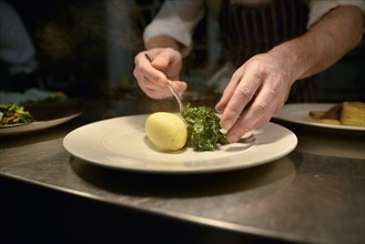 Chef plating Creamed Spinach and Potato in Restaurant