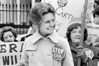 Activist Phyllis Schafly wearing a "Stop ERA" badge