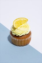 Lemon Cupcake on Blue and White Background