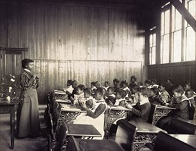 Teacher and students in Classroom, Whittier Primary School, 1900