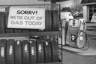 Gas Station with Sign "Sorry! We're Out of Gas Today", Warren K. Leffler,