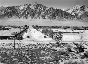 Dust Storm at base of Mountain on Cloudy Day, View from Manzanar Relocation Center, 1943