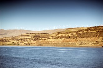 Columbia River Gorge and Wind Turbines on Hillside, Oregon,