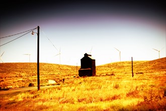 Agricultural Building and Wind Turbines in Rural Landscape , Oregon,