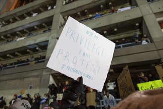 Protester holding Sign "With my Privilege I will Protest", Protest against Muslim Travel Ban,