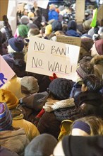 Protester holding Sign "No Ban No Wall", Protest against Muslim Travel Ban,