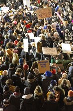 High Angle View of Crowd holding Signs at Protest against Muslim Travel Ban, JFK Airport,