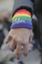 Woman wearing Nancy Pelosi LGBTQ Wristband during LGBTQ Rally, West Village, February 2017