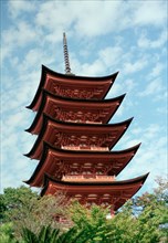 Low Angle View of Five-Tiered Pagoda at Itsukushima Shrine, Miyajima,