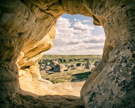 Cave Portal with View of Surrounding Landscape, Writing-on-Stone Provincial Park,