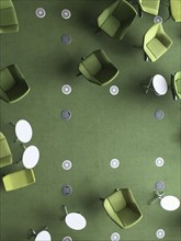 High Angle View of Green Chairs on Green Carpet, Library,