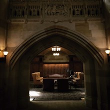 Woman Reading in Sitting Area of Library, Sterling Memorial Library,
