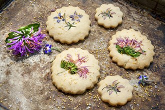 Shortbread Cookies with Edible Flowers and Gold Sugar,,