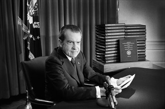 U.S. President Richard Nixon during his Television Address to the Nation regarding releasing Watergate Tape Transcripts, White House