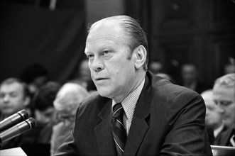 U.S. President Gerald Ford appearing at the House Judiciary Subcommittee hearing on pardoning former President Richard Nixon, Washington