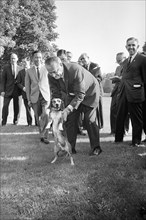 U.S. President Lyndon Johnson playing with his pet dog, South Korean President Park Chung-hee in background left