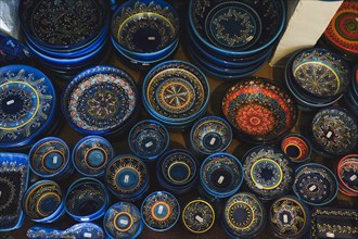 High Angle View of Moorish Ceramic Bowls in Market,