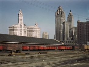 Trucks unloading at Inbound Freight House of Illinois Central Railroad