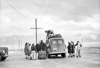Man loading Bus with Luggage while Group of Japanese-American wait to leave Manzanar for Relocation