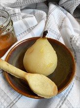 Poached Pear with Honey and Shortbread Cookie Spoon