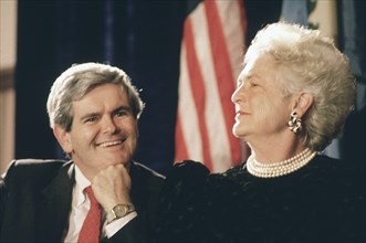 U.S. Congressman Newt Gingrich and U.S. First Lady Barbara Bush at event to honor Speaker of the House Bob Michel
