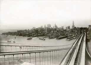 High Angle View of Brooklyn Bridge and Downtown Manhattan Skyline