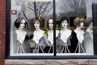 Wigs on Display in Store Window