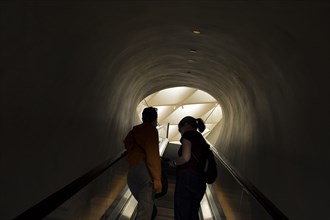Silhouette of Two Adult Women riding up Escalator