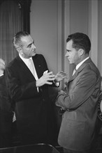 U.S. Senator Lyndon Johnson speaking with U.S. Vice President Richard Nixon