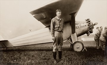 Charles Lindbergh with his airplane Spirit of St. Louis