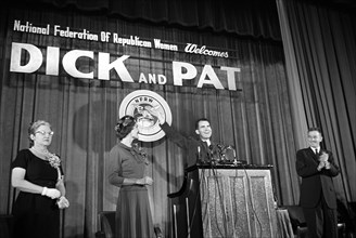 U.S. Vice President Richard Nixon with his wife Pat Nixon on stage