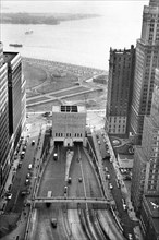 High angle view of Brooklyn-Battery Tunnel entrance and Battery Park