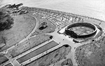 High angle view of Battery Park and shell of the old New York Aquarium at Castle Garden