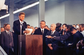 U.S. President John F. Kennedy speaking to gathering of media and employees at Site 3 during visit including