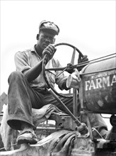 Driver of combine threshing oats on La Delta Project, Thomastown, Louisiana, USA, Marion Post