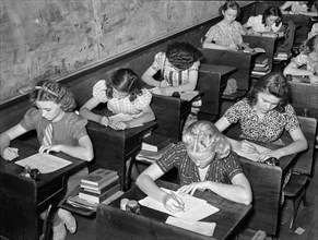 High School students doing school work in classroom, San Augustine, Texas, USA, Russell Lee, U.S.