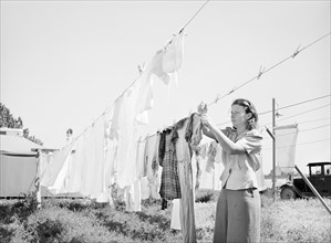 Woman hanging out wash at FSA (Farm Security Administration) migratory labor camp mobile unit,